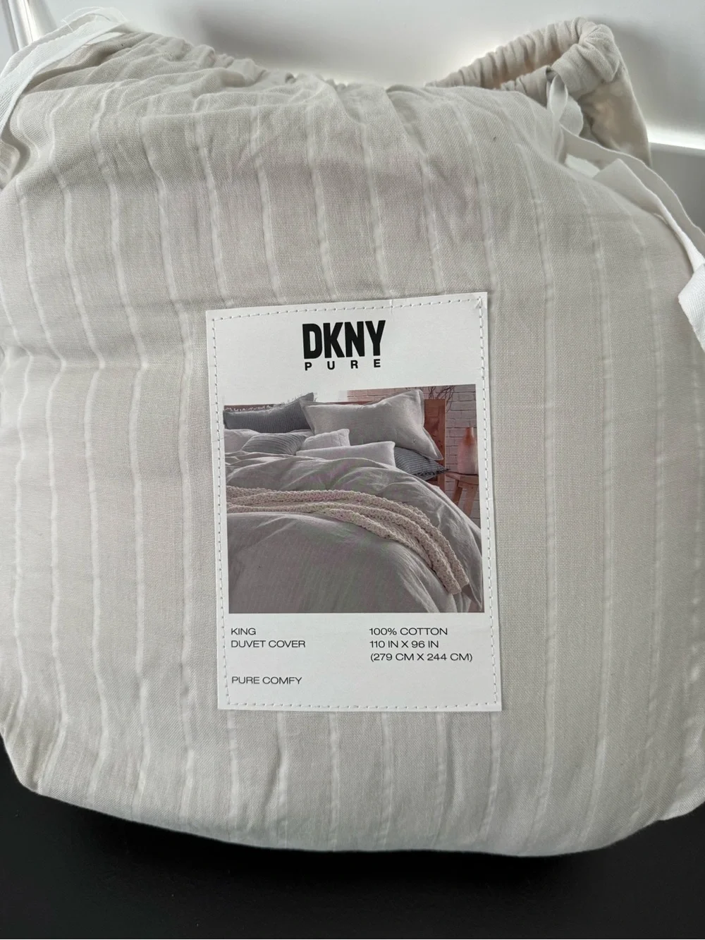 NWT DKNY Pure Comfy King Duver Cover, 100% Cotton Stripe, Ultrasoft, Platinum
